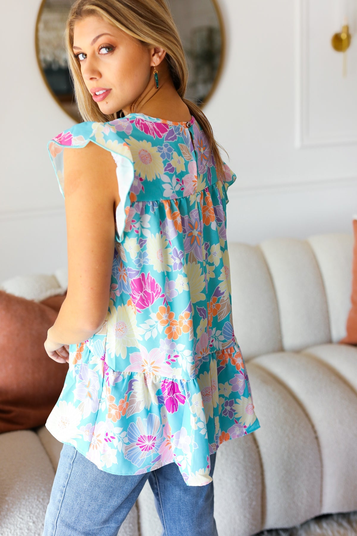 Peach Floral Button Tie Neck Babydoll Top
