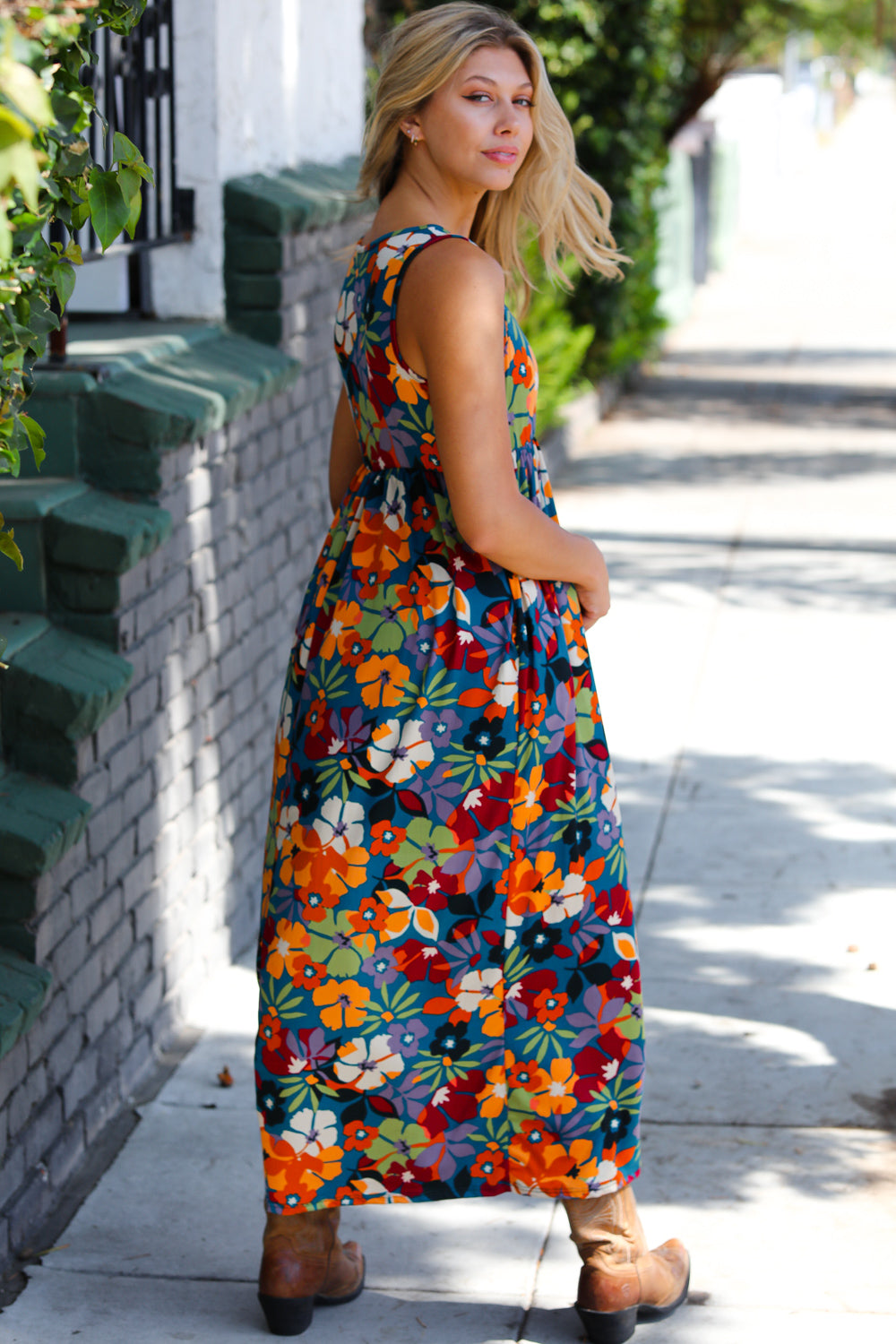 Teal & Maroon Flat Floral Fit and Flare Sleeveless Maxi Dress