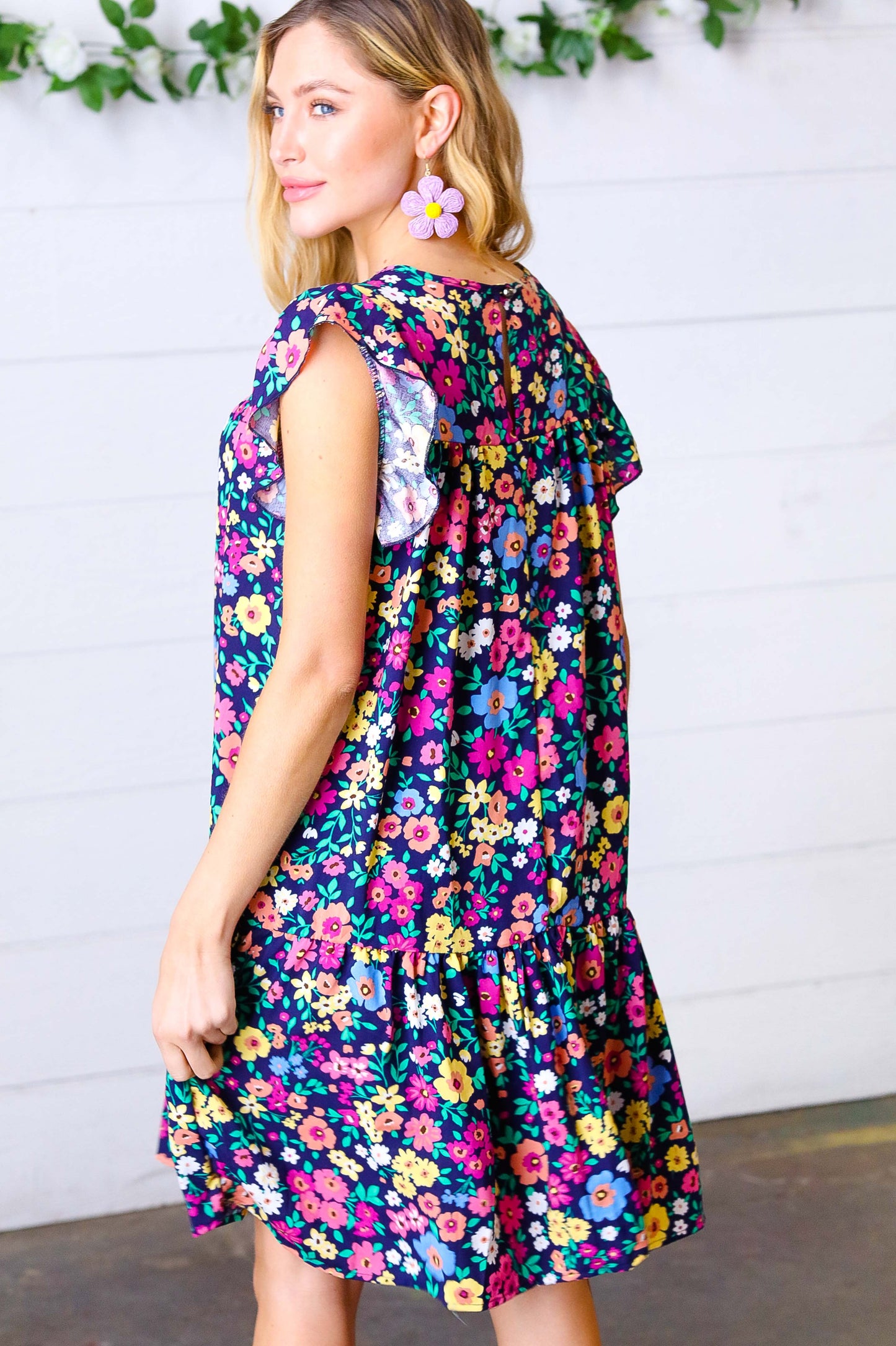 Navy Flat Floral Woven Poplin Ruffle Frill Sleeve Dress