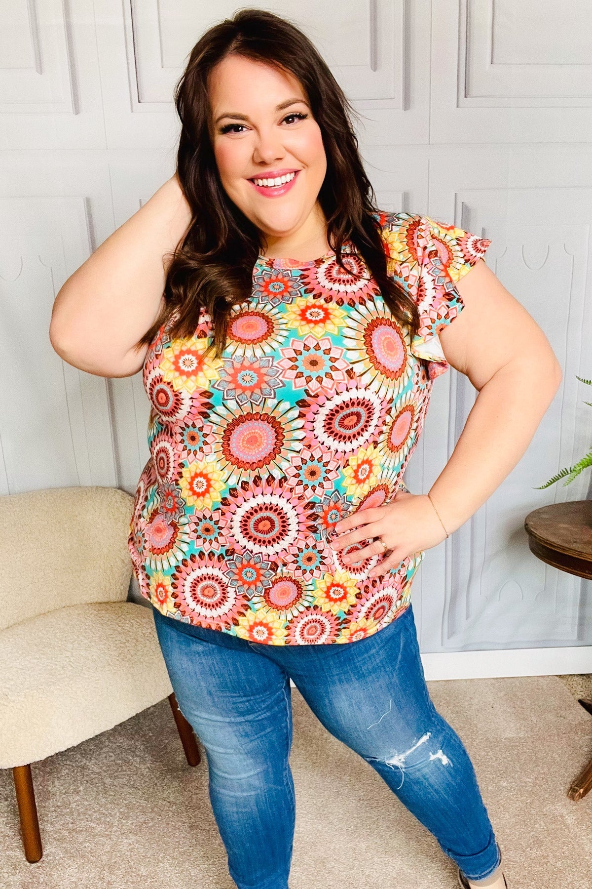 Multicolor Floral V Neck Dolman Top