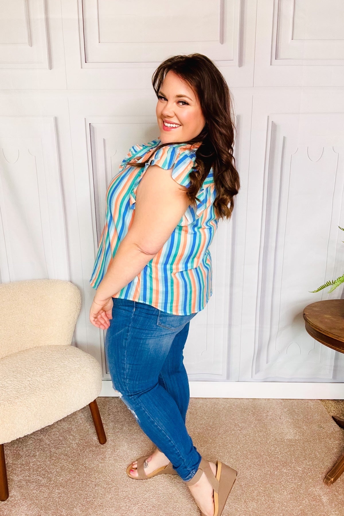Multicolor Tropical Floral Print Flutter Sleeve Top