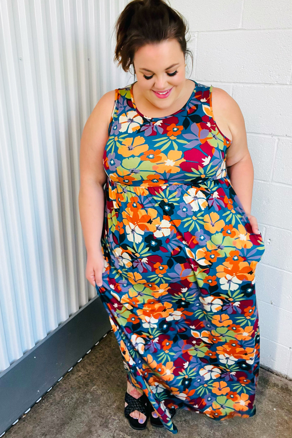 Teal & Maroon Flat Floral Fit and Flare Sleeveless Maxi Dress