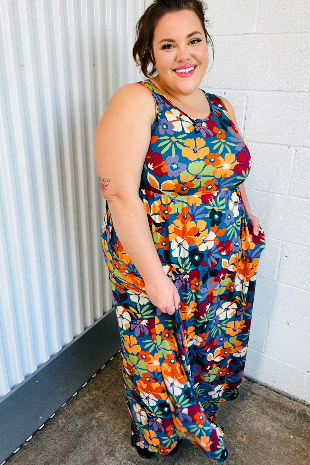 Teal & Maroon Flat Floral Fit and Flare Sleeveless Maxi Dress