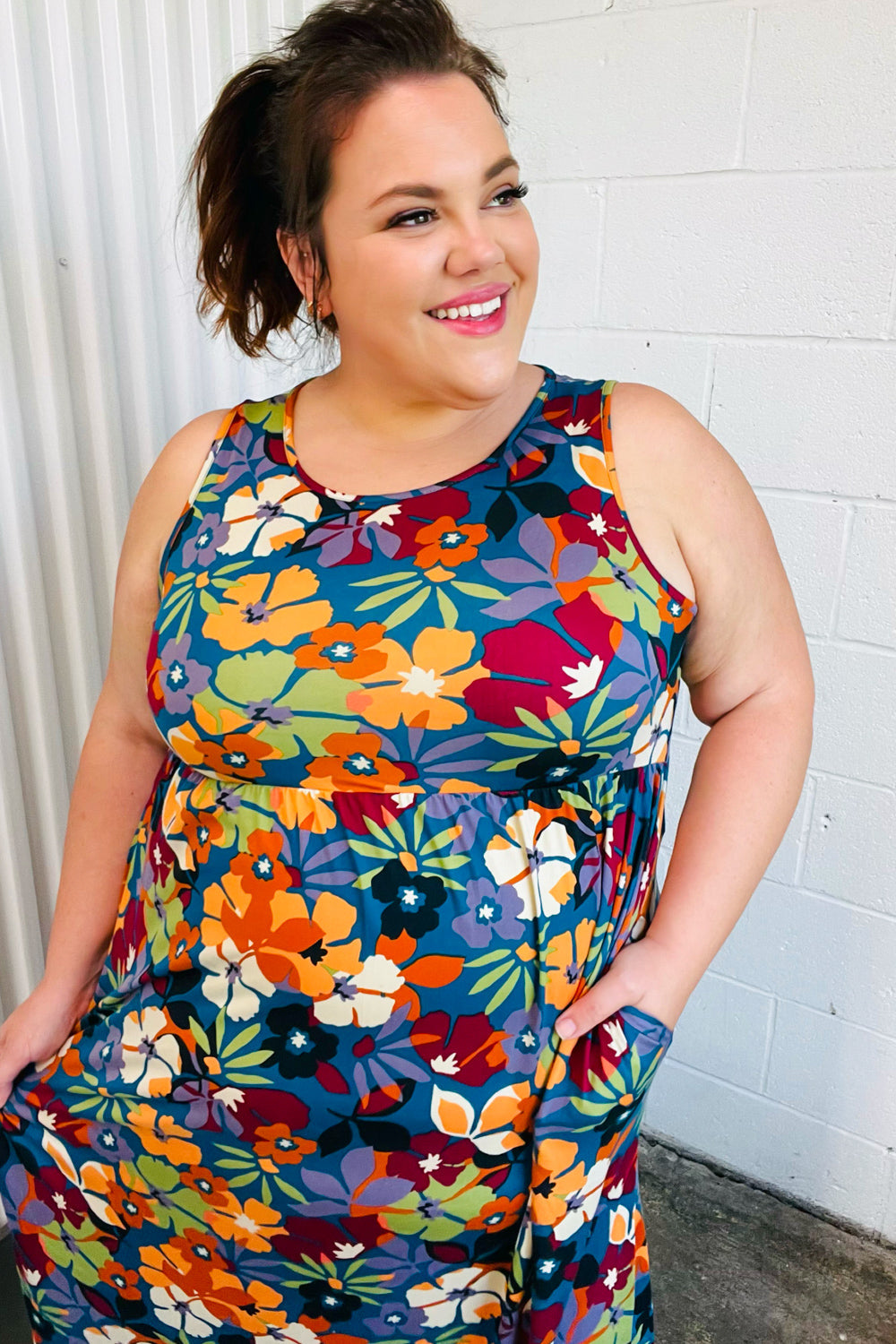 Teal & Maroon Flat Floral Fit and Flare Sleeveless Maxi Dress