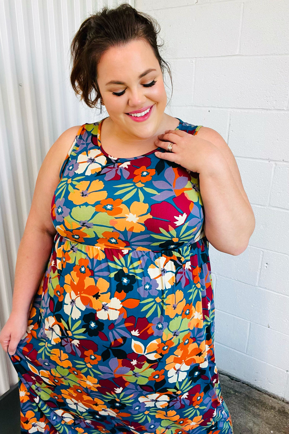 Teal & Maroon Flat Floral Fit and Flare Sleeveless Maxi Dress