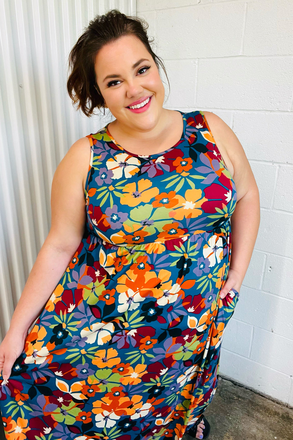 Teal & Maroon Flat Floral Fit and Flare Sleeveless Maxi Dress