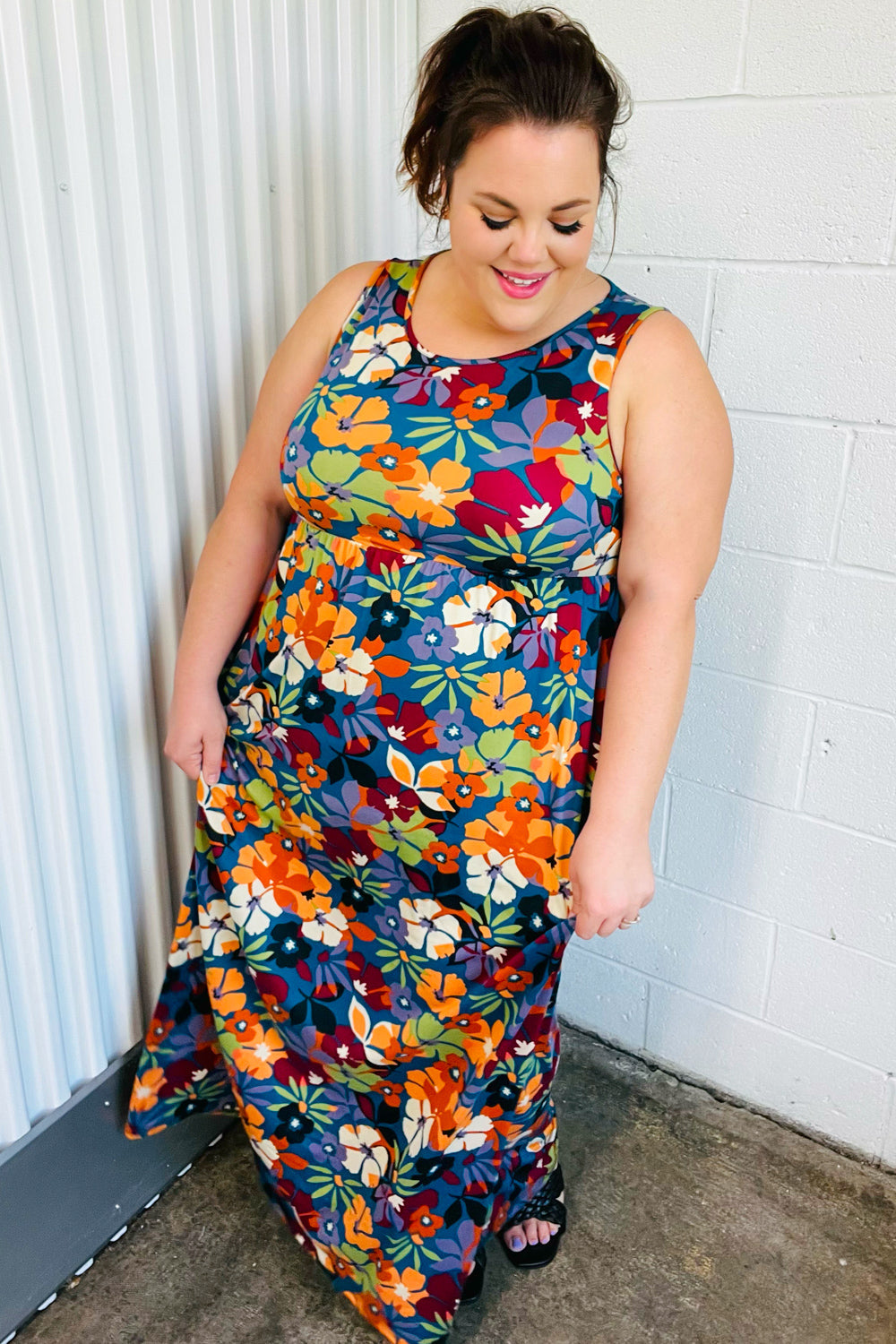 Teal & Maroon Flat Floral Fit and Flare Sleeveless Maxi Dress