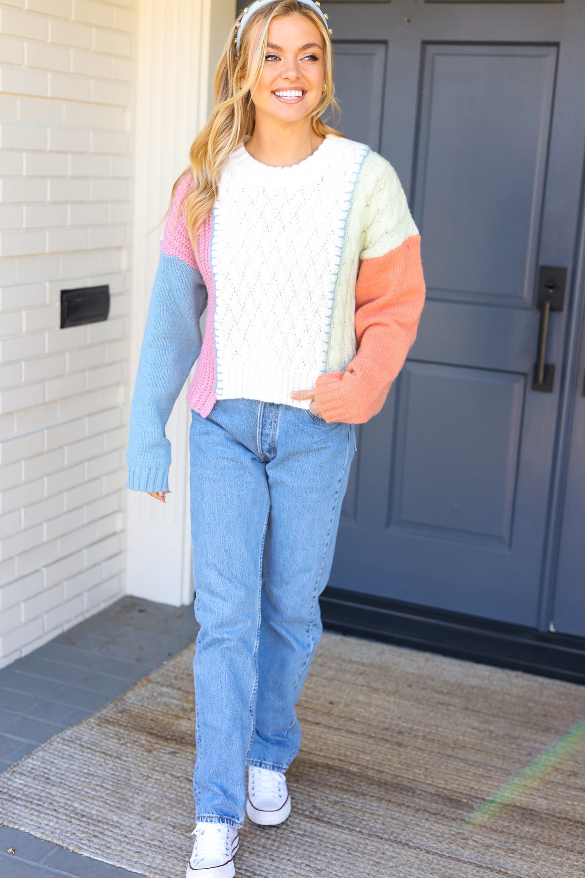 Turn Heads Sage & Mauve Color Block Cable Knit Sweater