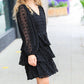 Holiday Vixen Black Chiffon Swiss Dot V Neck Tiered Ruffle Dress