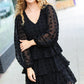 Holiday Vixen Black Chiffon Swiss Dot V Neck Tiered Ruffle Dress