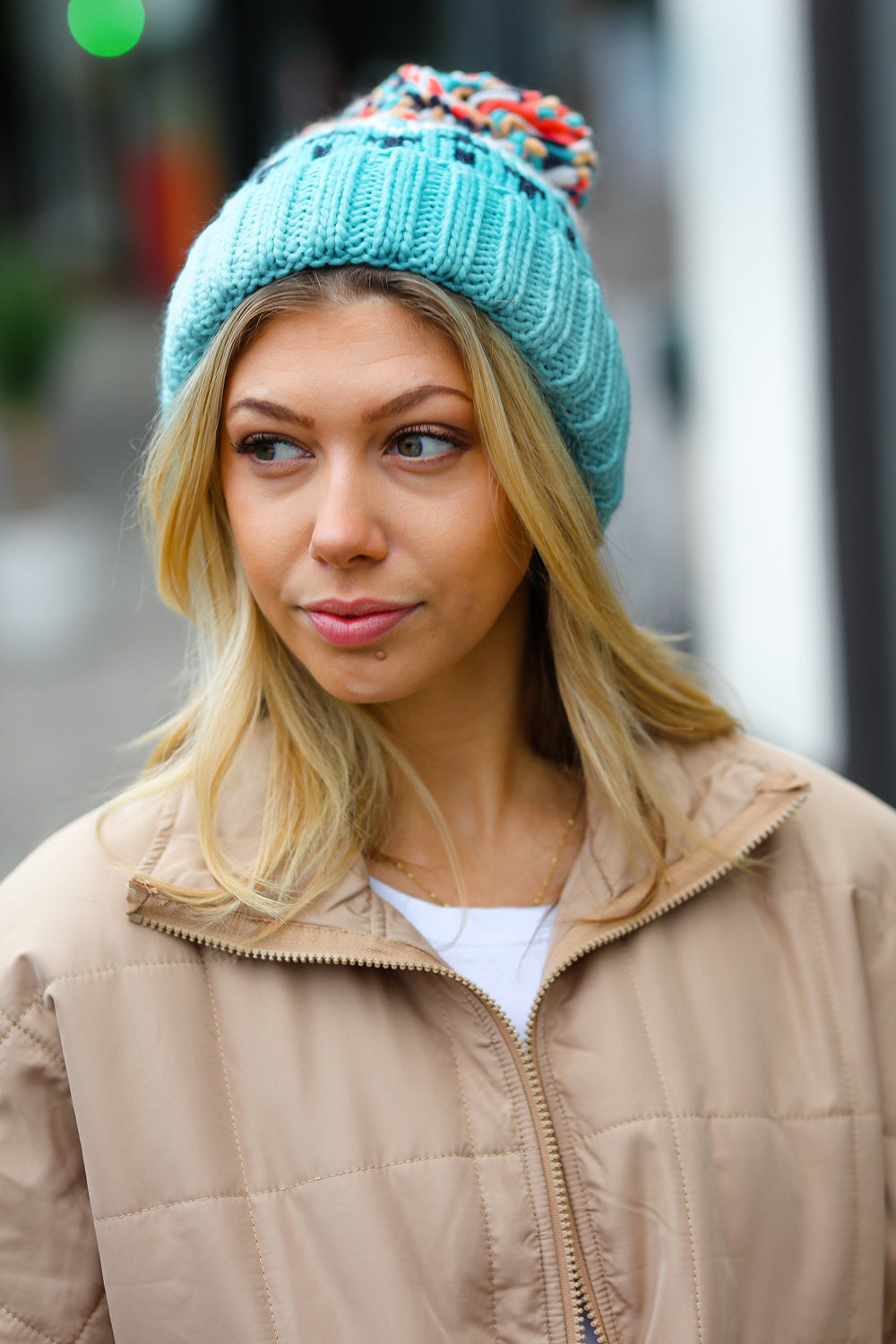 Teal Multicolor Cable Knit Pom-Pom Beanie