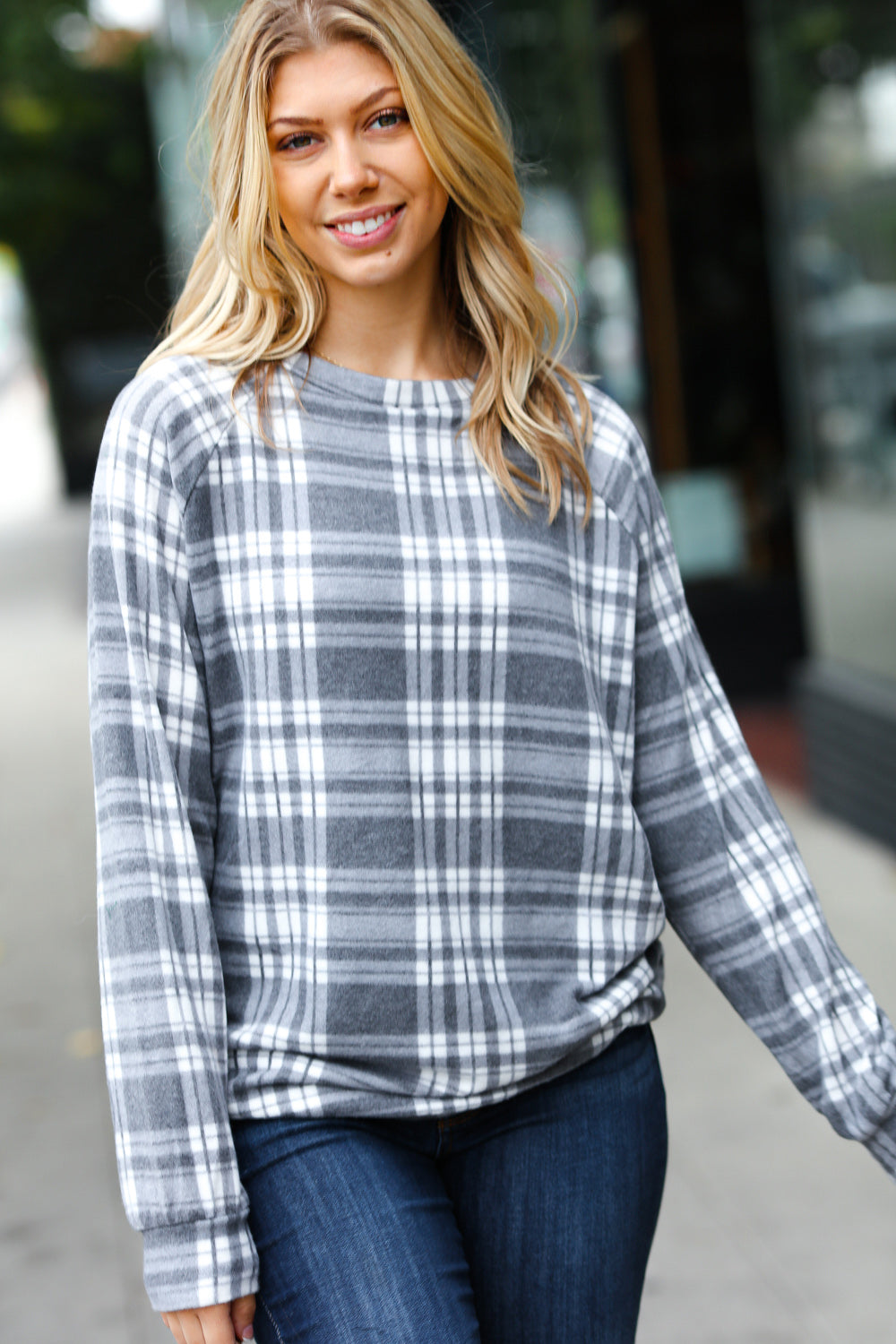 Cozy Grey Plaid Double Brushed Hacci Pullover