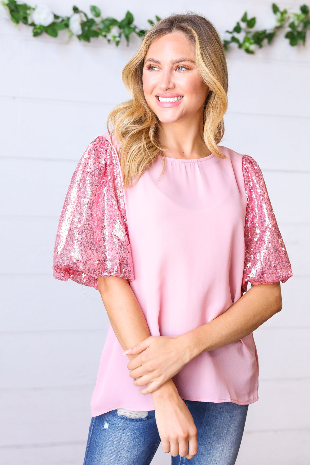 Pink Sequin Puff Sleeve Woven Top