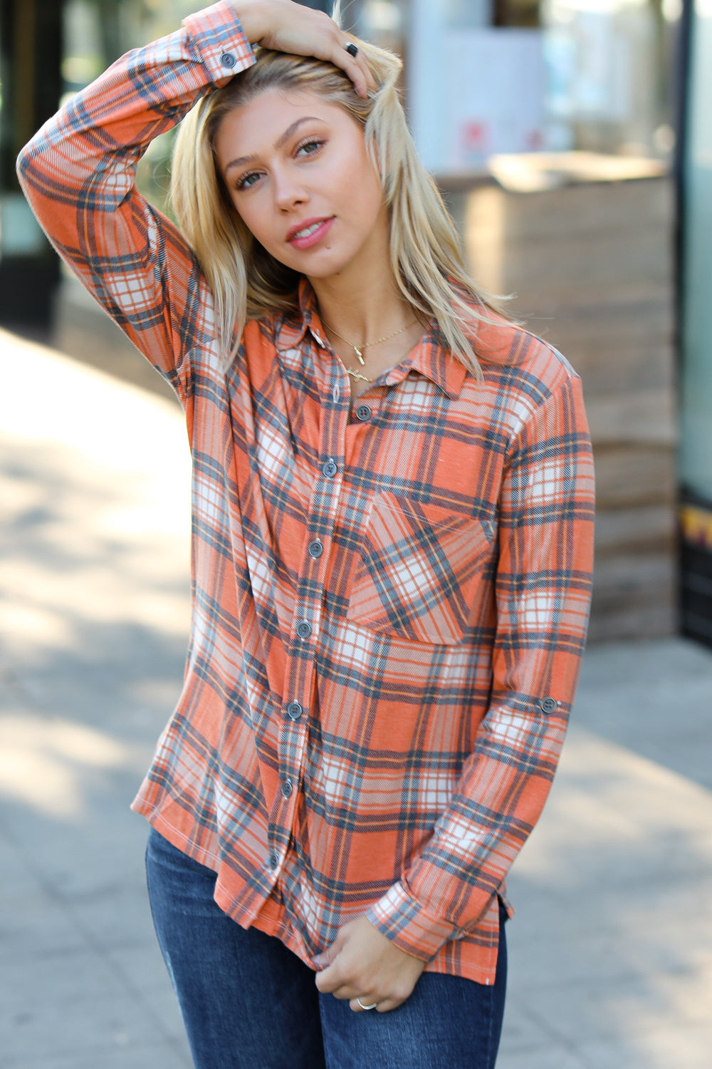 Rust Plaid Lightweight Button Up Shacket