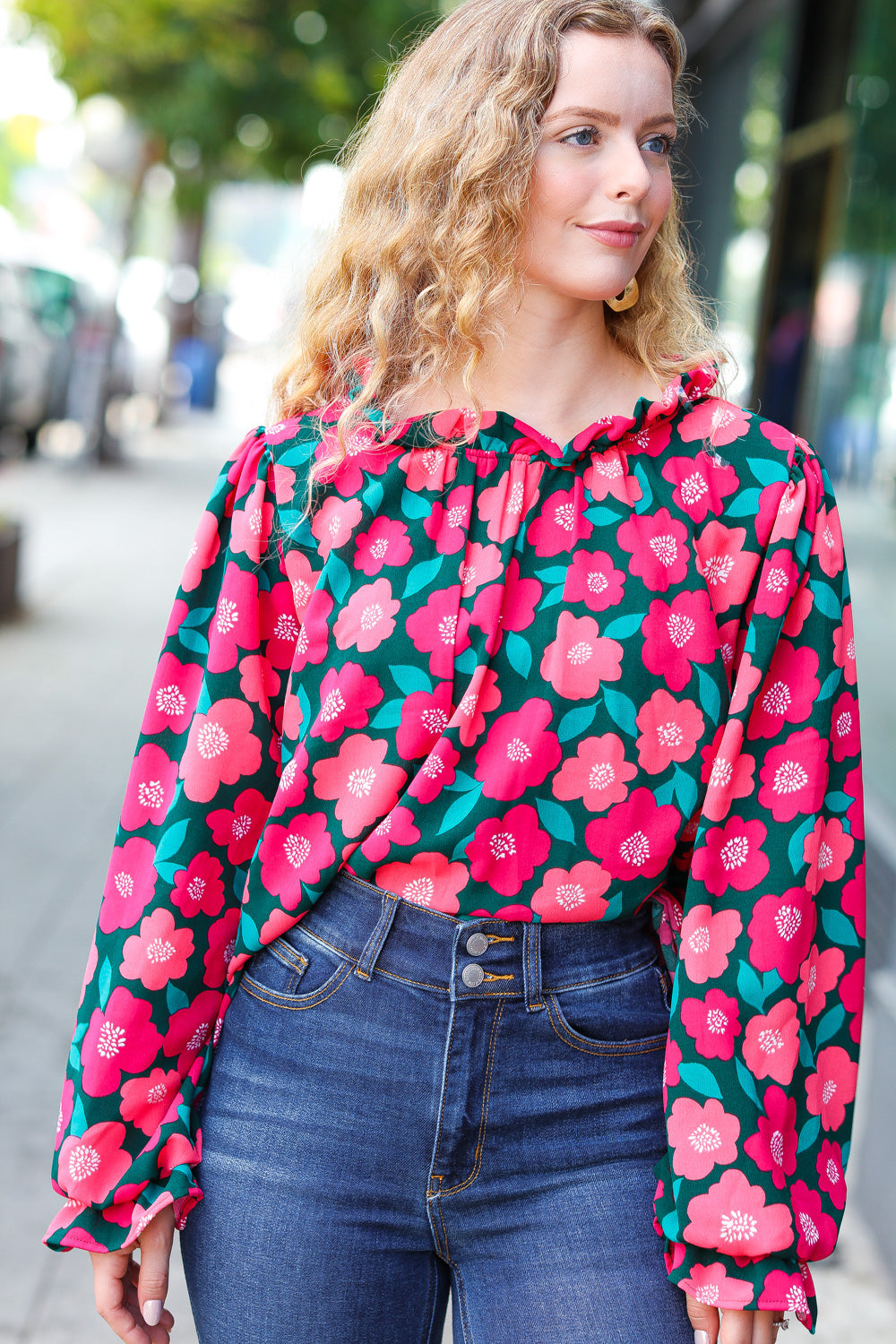 Your Best Days Magenta & Hunter Green Floral Print Frill Neck Top