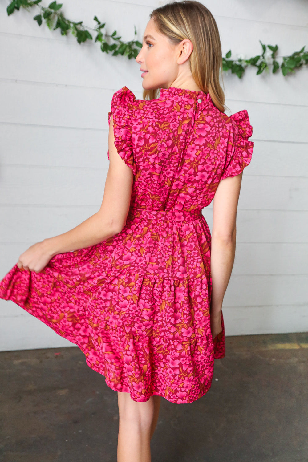 Magenta Floral Waist Tie Ruffle Frill Dress with Pockets