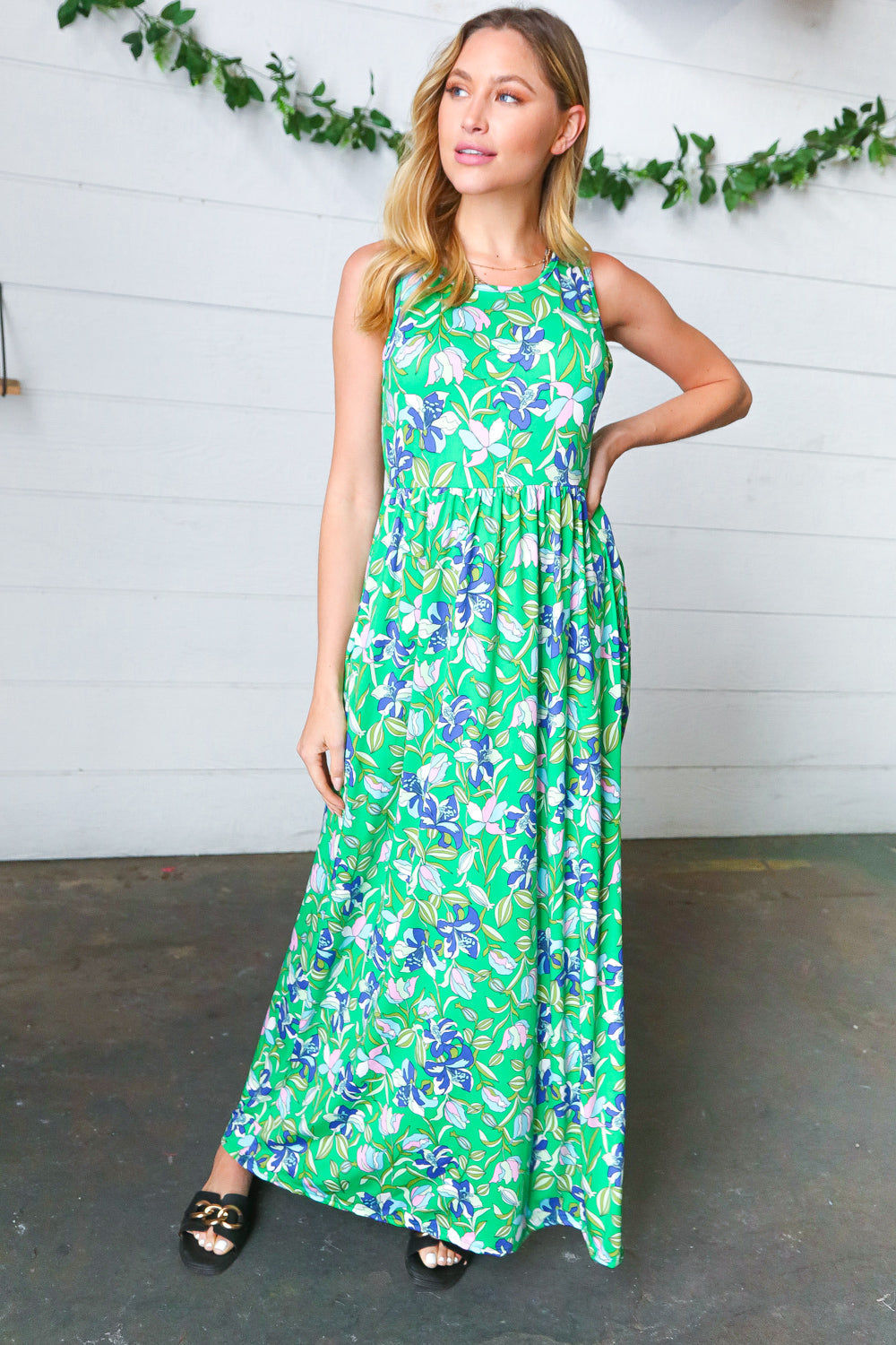 Green & Blue Floral Print Fit and Flare Maxi Dress