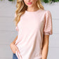 Peach Eyelet Puff Sleeve French Terry Top