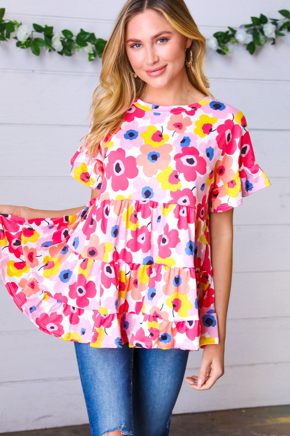 Pink & Ivory Flat Floral Ruffle Hem Tiered Top
