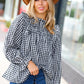 Black Gingham Shirred Yoke Mock Neck Frilled Top