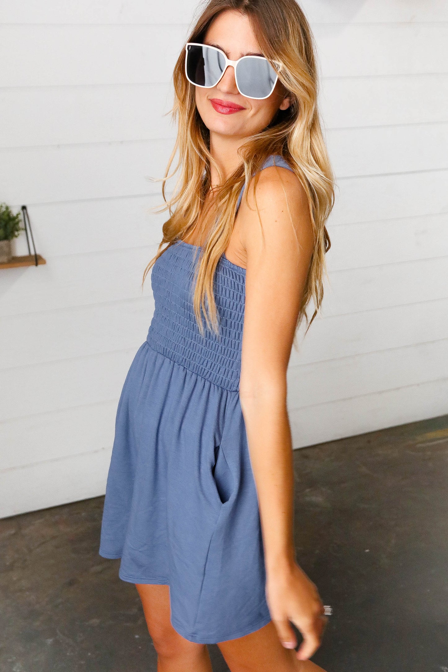 Dusty Blue Terry Smocked Tank Top Baggy Shorts Romper