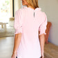 Feeling The Love Pink Frill Mock Neck Smocked Bubble Sleeve Top