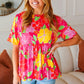 Time For Sun Fuchsia Floral Drop Shoulder Babydoll Top