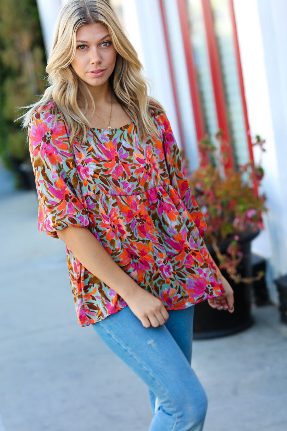 Sage Floral Chiffon Three Quarter Sleeve Peplum Top