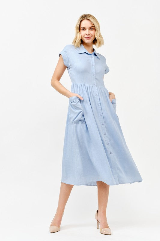 Everyday Chic Denim Blue Button-Down Collared Swing Dress