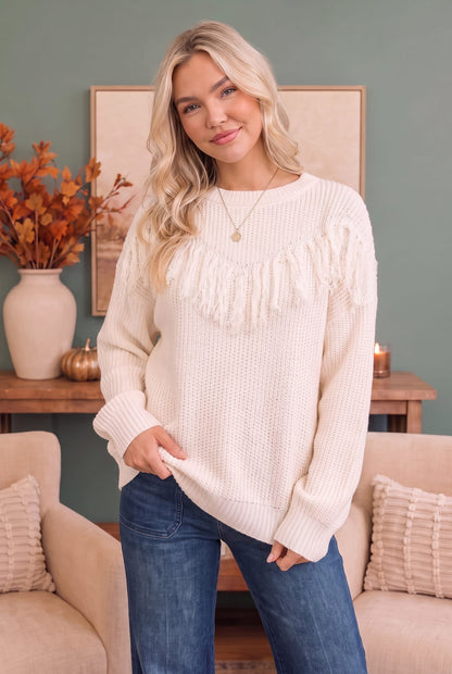 Fringe Forward Cream Knit Sweater