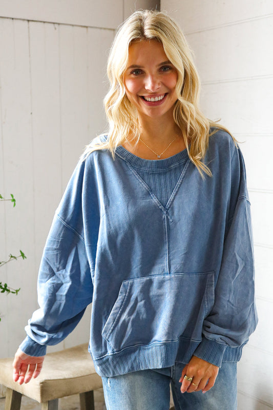 Washed and Worn Denim Ribbed Front Pocket Pullover