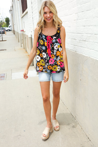Flower Power Black Sleeveless Babydoll Bow Tie Top