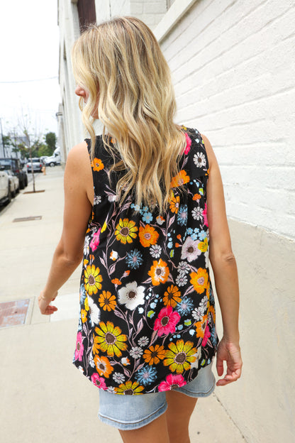 Flower Power Black Sleeveless Babydoll Bow Tie Top