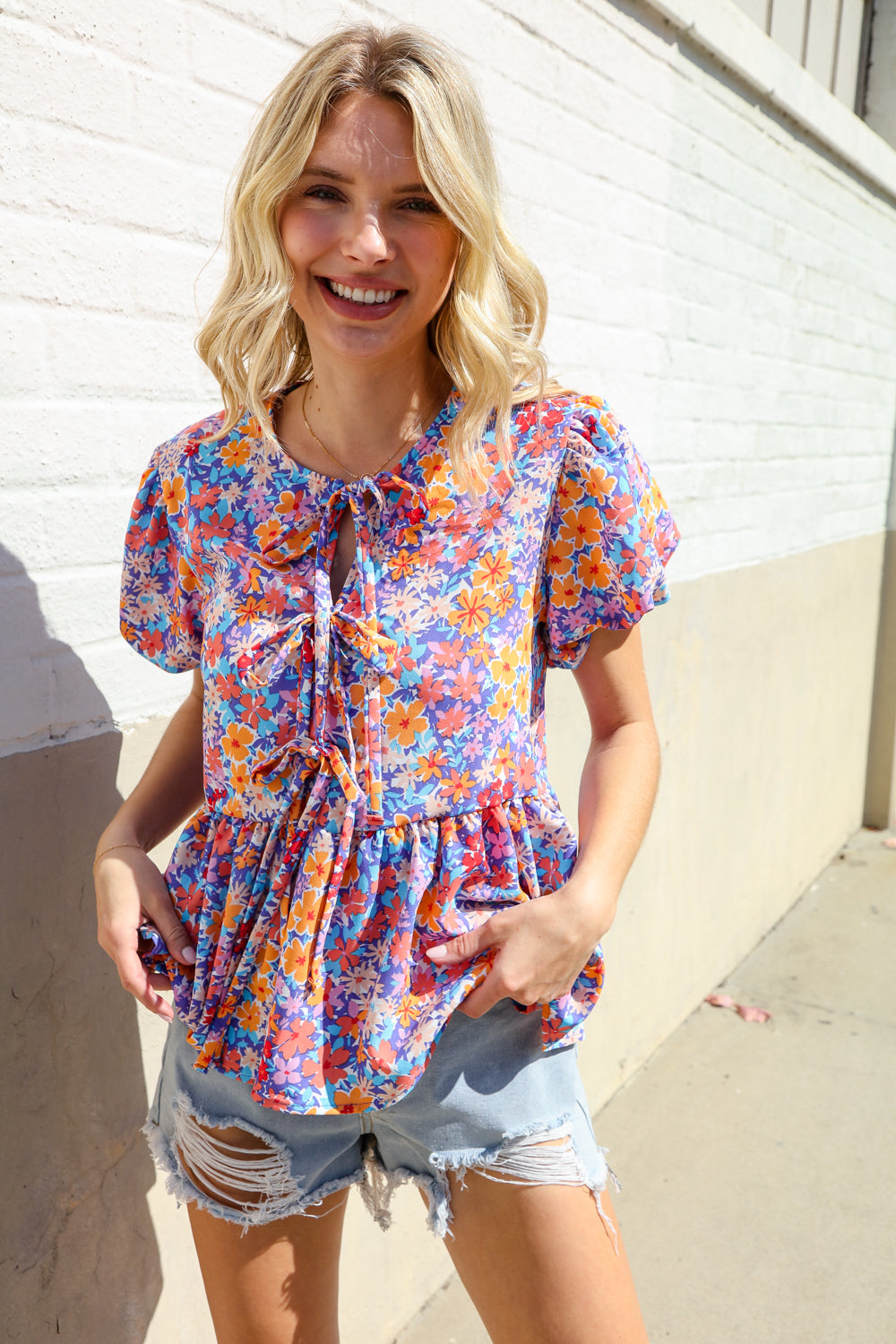 Floral Print Bow Tie Puff Sleeve Babydoll Top
