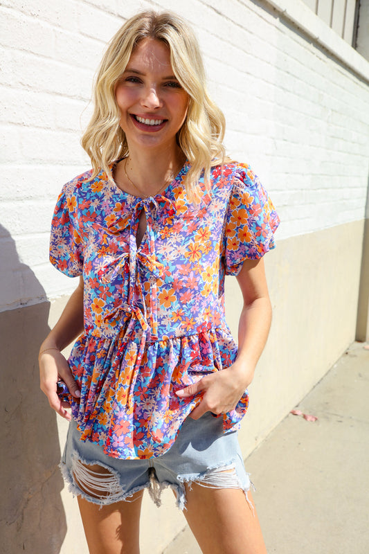 Floral Print Bow Tie Puff Sleeve Babydoll Top