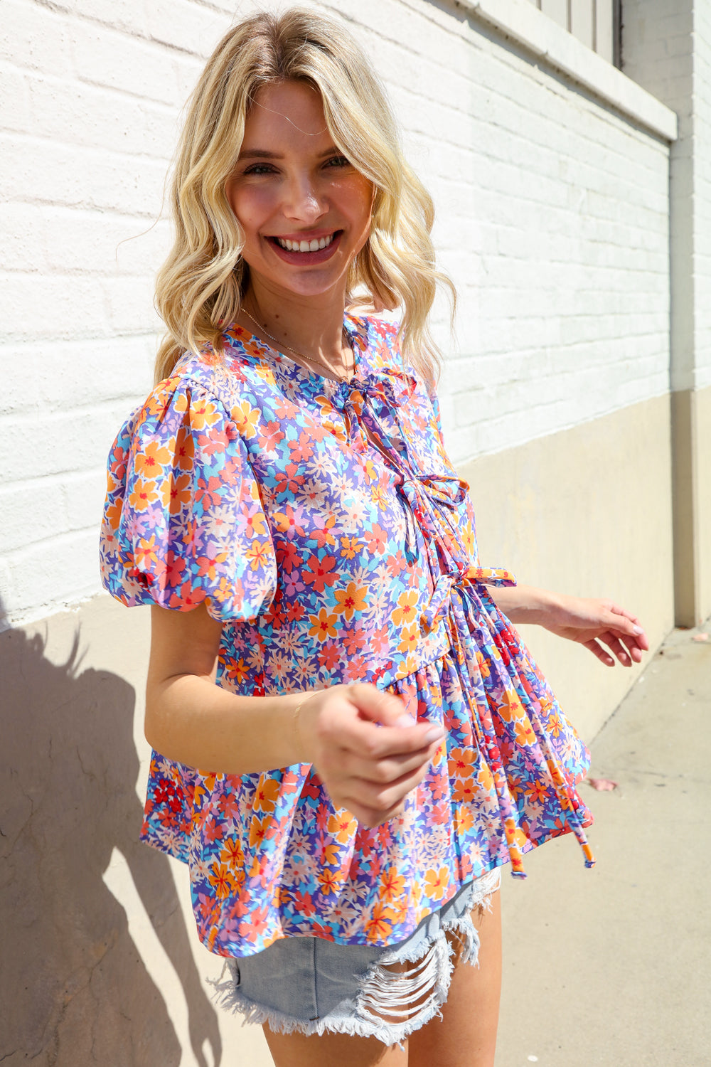Floral Print Bow Tie Puff Sleeve Babydoll Top
