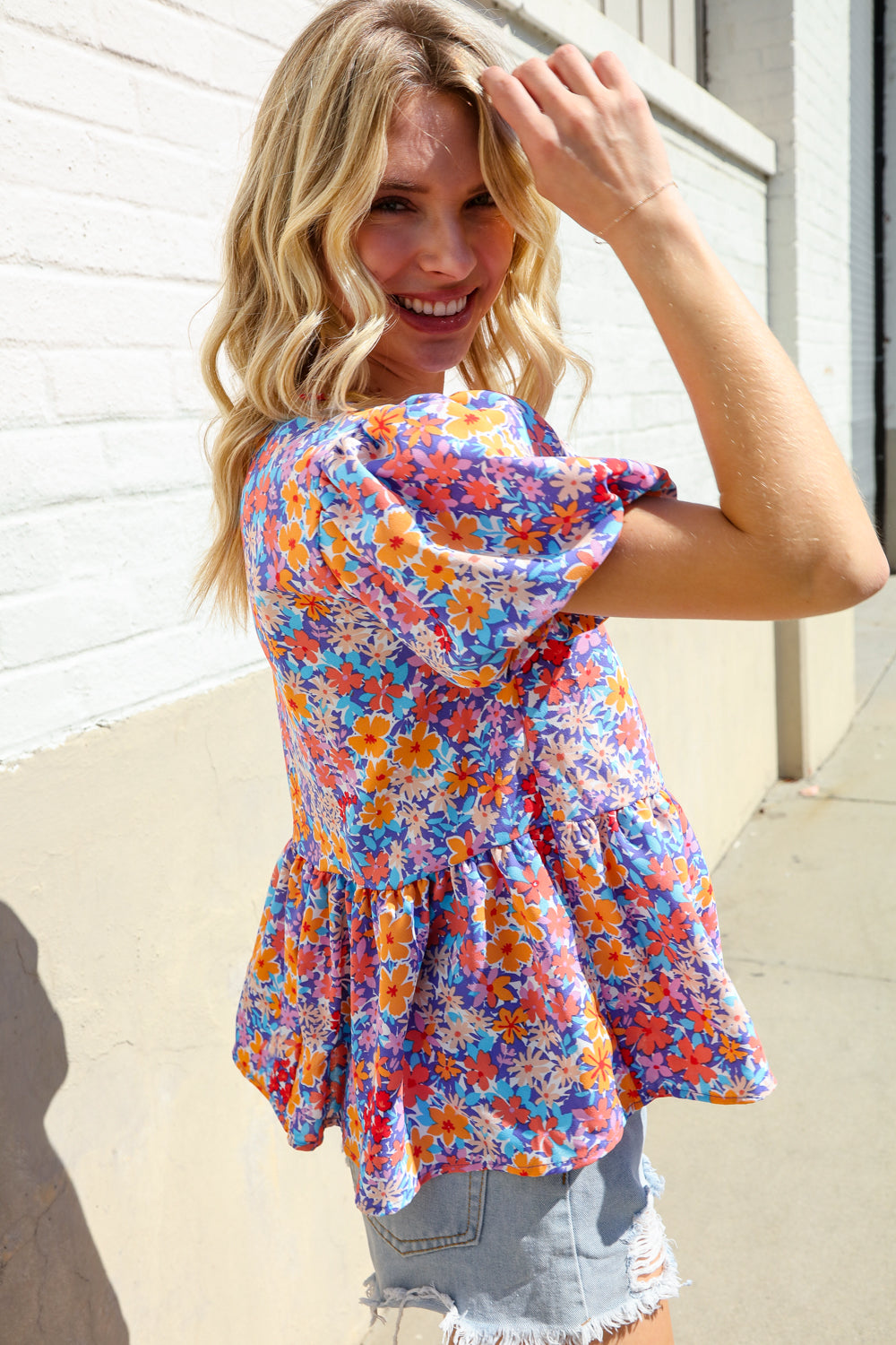Floral Print Bow Tie Puff Sleeve Babydoll Top