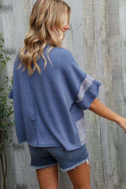 Weekend Ready Denim Floral Wavy Rib Outseam Stitch Pullover