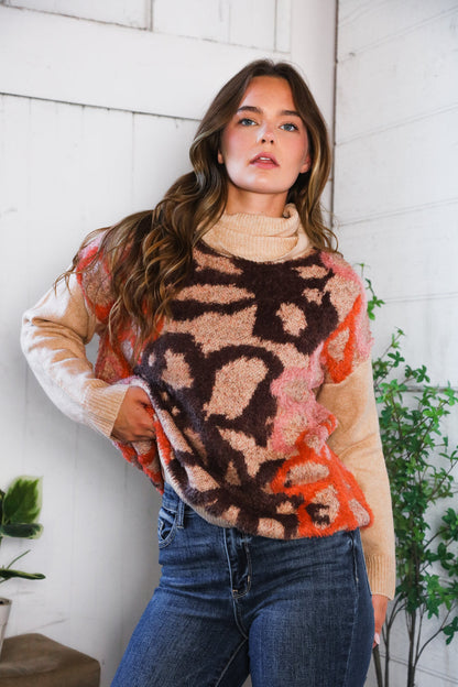 Blooms in Autumn Turtleneck Cozy Sweater