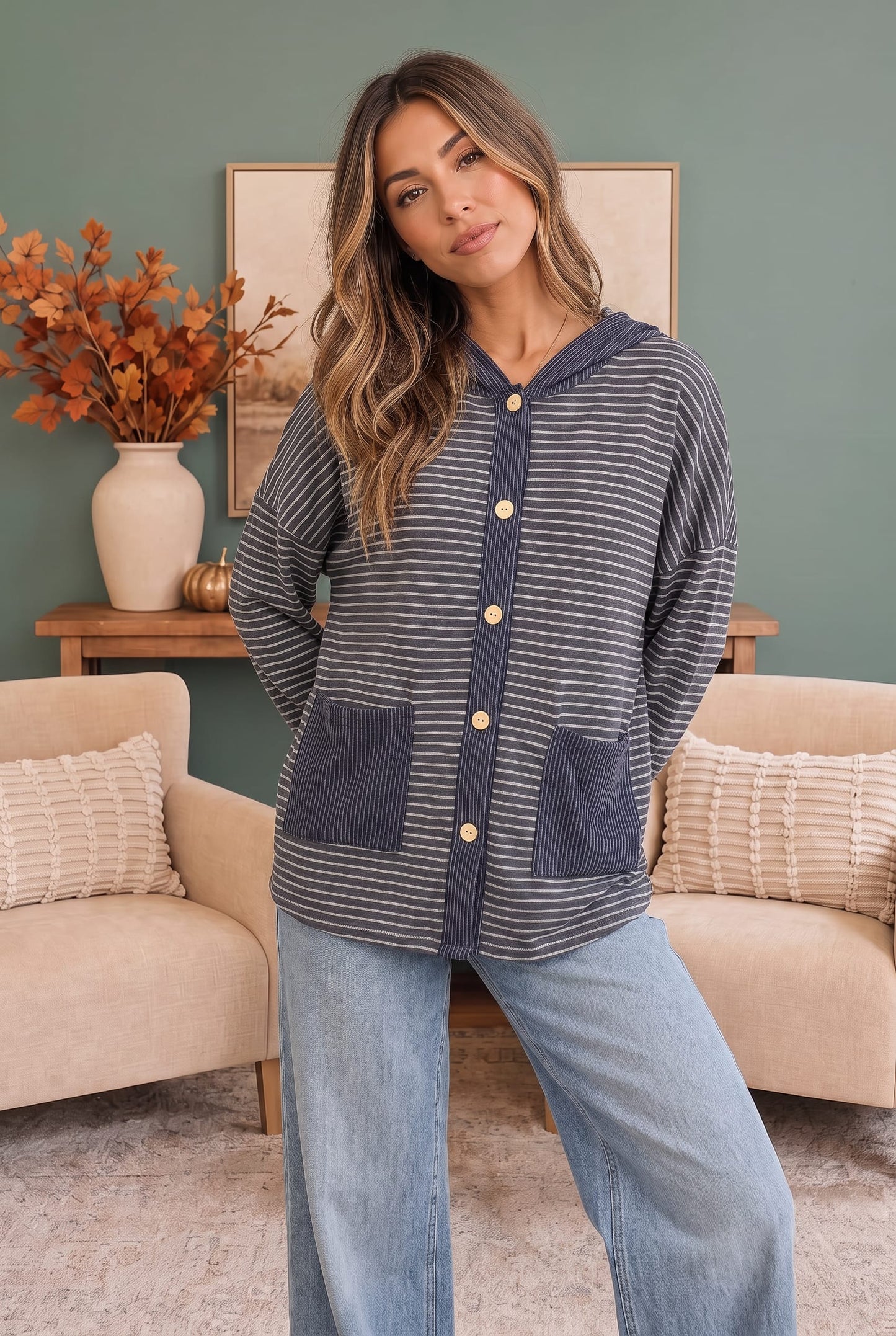 Crafting Corner Stripe Button Front Hoodie