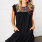 Black Crepe Neon Floral Embroidery Flutter Sleeve Dress