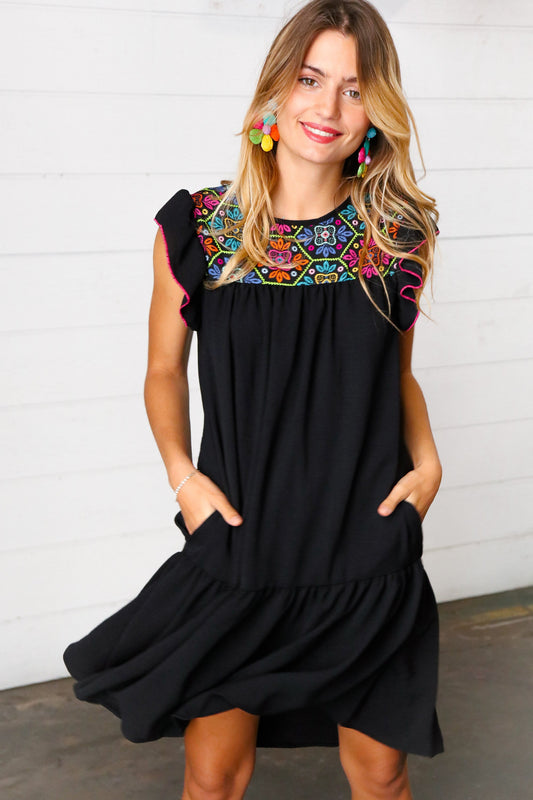 Black Crepe Neon Floral Embroidery Flutter Sleeve Dress