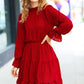 Simply Merry Burnt Red Animal Print Mock Neck Tiered Dress