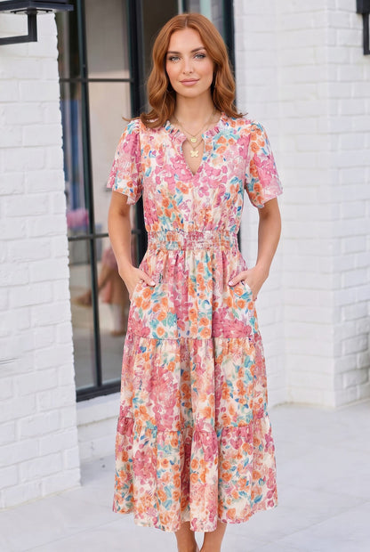 Paint and Sip Floral Tiered Midi Dress
