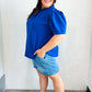 Lovely In Holiday Blue Frill Mock Neck Woven Top