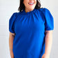 Lovely In Holiday Blue Frill Mock Neck Woven Top