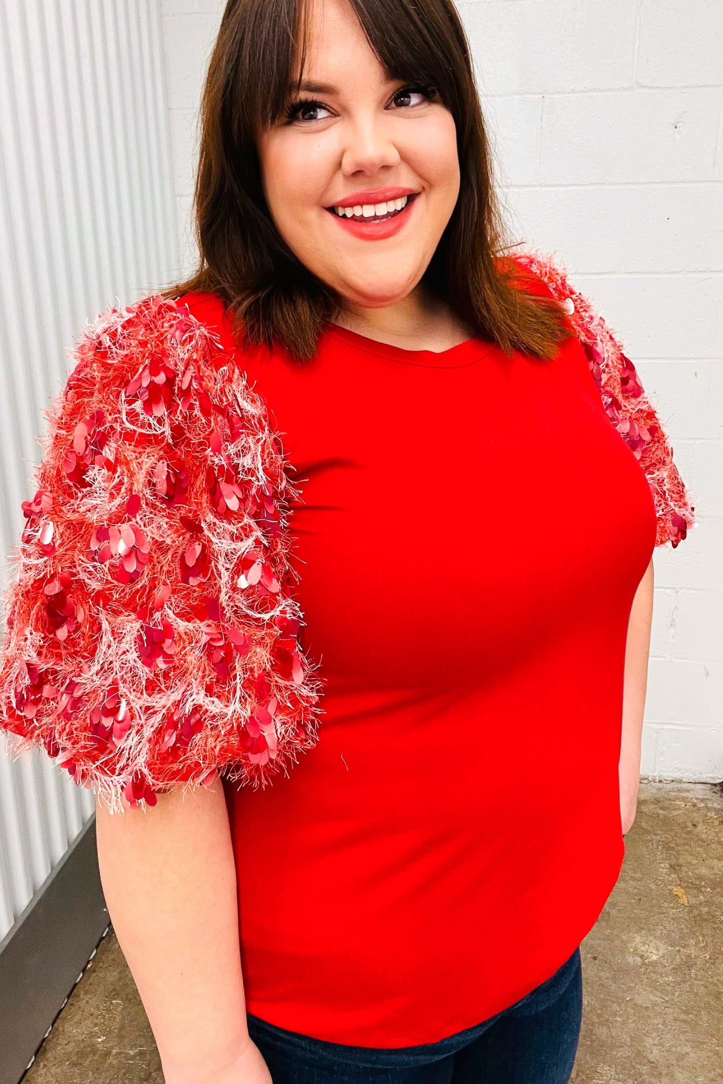 Come To Me Red Sequin Puff Short Sleeve Top