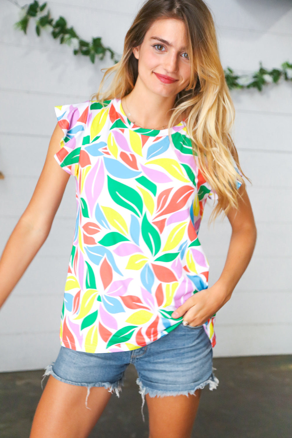 Green & Yellow Floral Leaf Flutter Sleeve Top