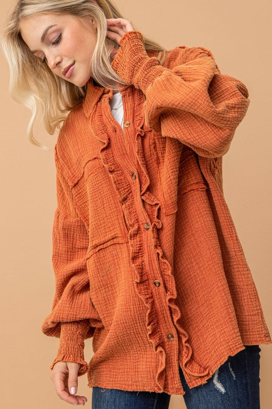 Everyday Persimmon Cotton Smocked Ruffle Detail Shacket