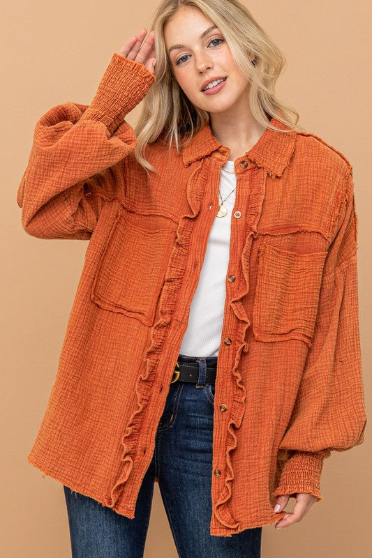 Everyday Persimmon Cotton Smocked Ruffle Detail Shacket